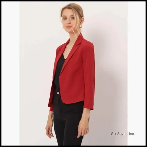 Polyester Blazer Open Front Crop Jacket Business Casual Office Wear